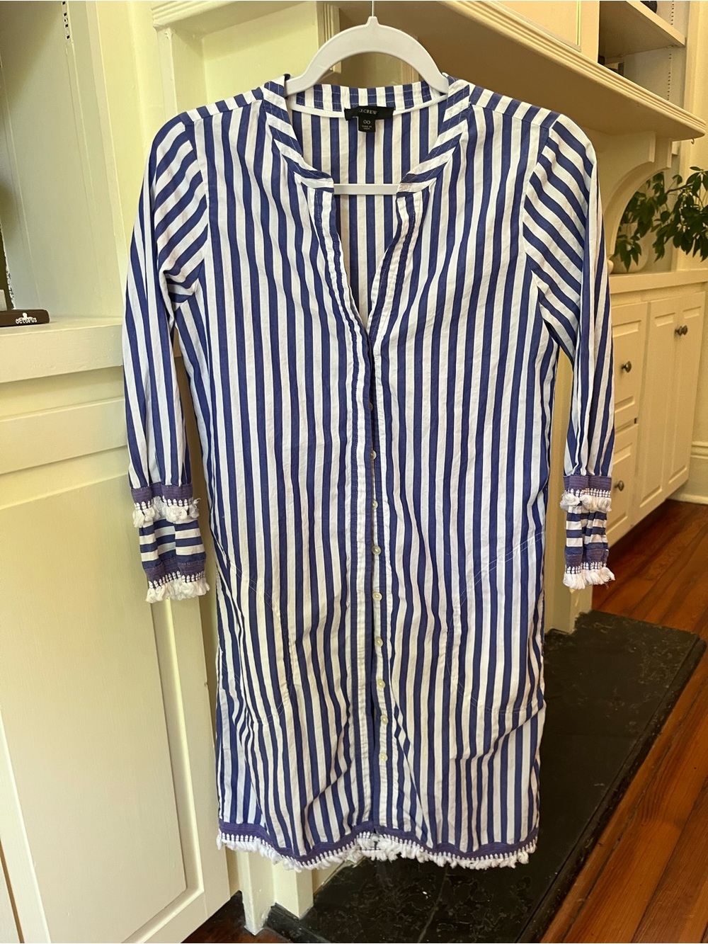 J. Crew Blue and White Vertical Stripe Button-Front Long Sleeve Dress